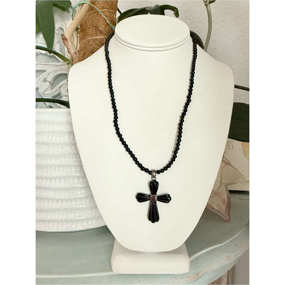 925 Sterling Silver Black Beaded Cross Necklace - Picture 8 of 9